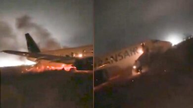 Boeing 737 esce fuori pista, i passeggeri fuggono dall’aereo in fiamme. VIDEO