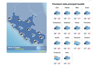 Il meteo del 25 maggio: pioggia debole e schiarite, poi domenica torna il sole
