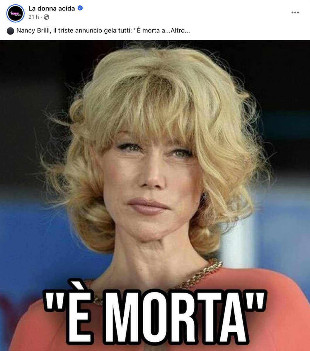 Nancy Brilly morta ma sui social: “Sono viva, non c’è limite a fake news”. Lunga vita a Nancy Brilli
