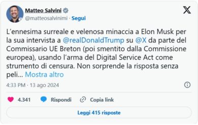 Intervista a Trump, Salvini prende le difese di Musk: “Ha il nostro supporto”. L’ad di Tesla ringrazia su X