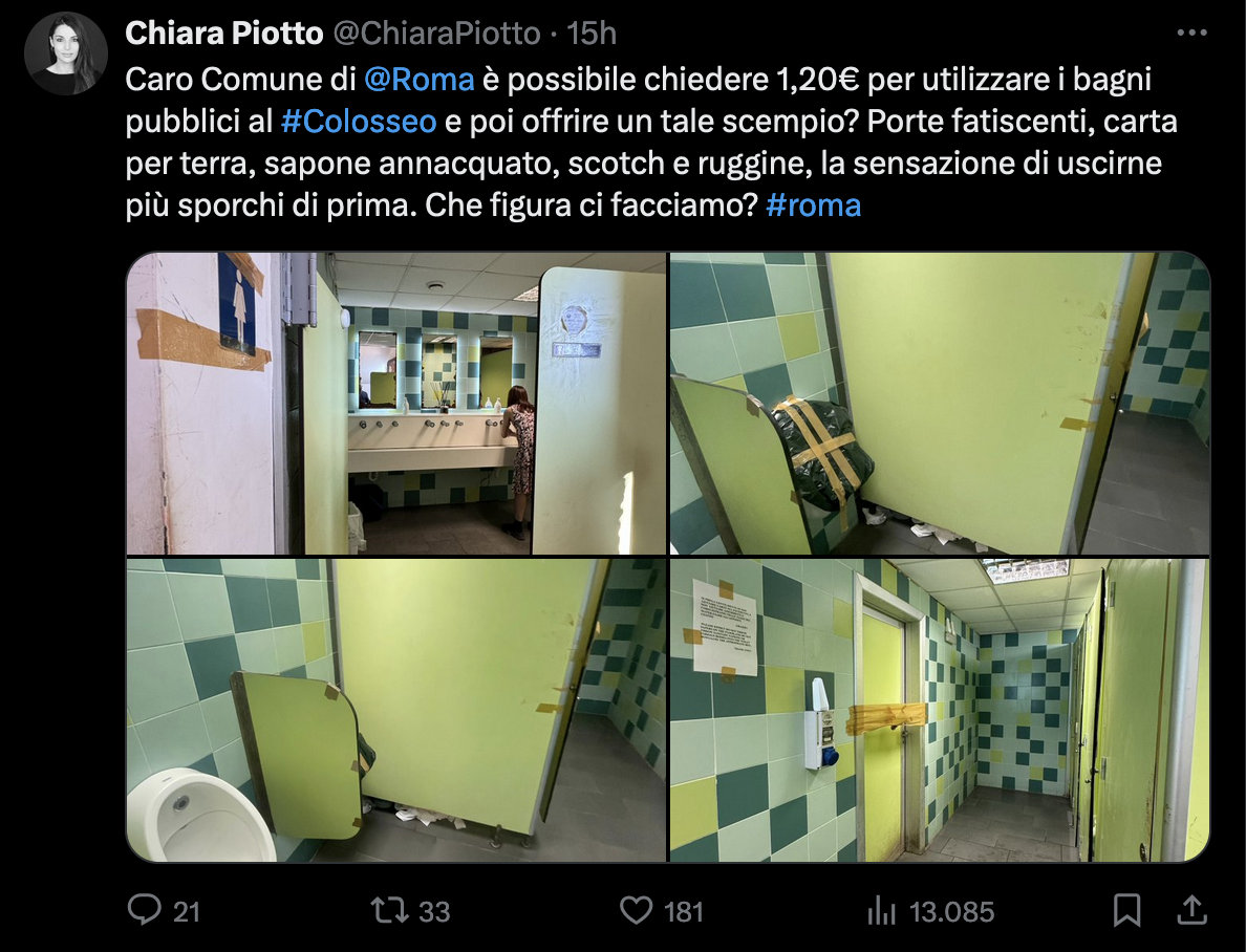 Roma da schifo, ripulito il marciapiede della Costamagna. La Piotto di Sky denuncia i bagni del Colosseo