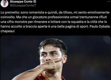 Dybala resta alla Roma, l’entusiasmo di Giuseppe Conte: “Bella pagina di sport”