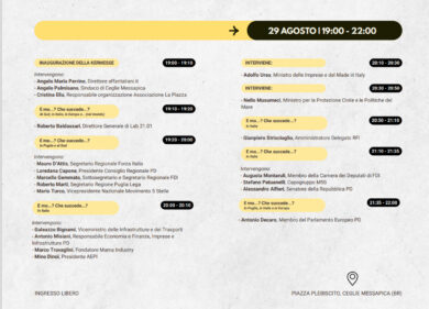 “E mo…? Che succede…? Dalla Puglia al Sud, dall’Italia all’Europa (e oltre). Sogni e Progetti di una Notte di Fine Estate”: tutto pronto per La Piazza dal 29 al 31/08 a Ceglie (Brindisi). Programma