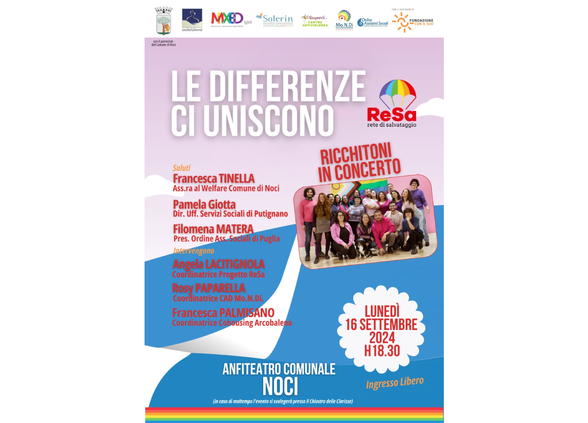 Comune di Noci: in programma il 16 settembre l’incontro ‘Le differenze ci uniscono’ Comune di Noci: in programma il 16 settembre l’incontro ‘Le differenze ci uniscono’