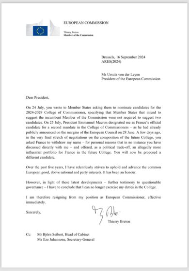 Ue, frizioni con von der Leyen: il francese Thierry Breton si dimette da commissario europeo