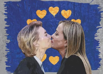 Bacio tra Meloni e Ursula von der Leyen, ecco il “kiss” virale nel nuovo murale di Tvboy