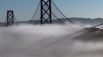 La nebbia avvolge il Bay Bridge di San Francisco: il ponte sembra sospeso in cielo