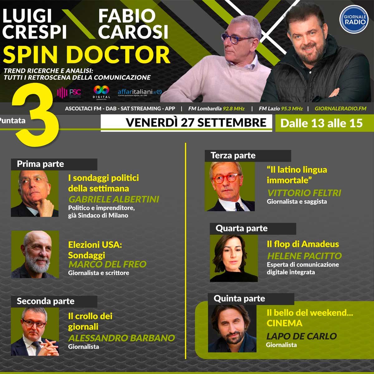 Spin Doctor raddoppia: con Luigi Crespi due giorni di grandi ospiti. A Giornaleradio, Albertini, Barbano e Feltri