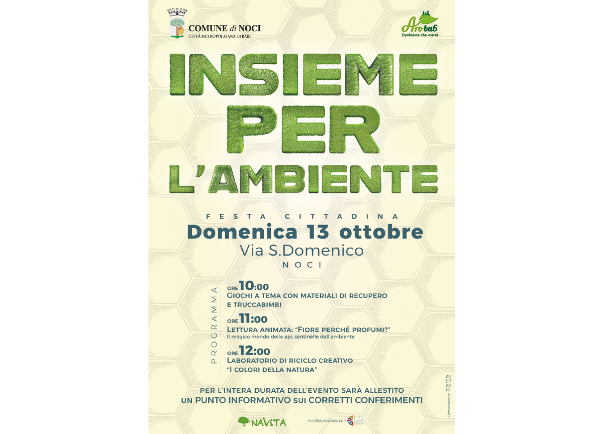 Comune di Noci presenta ‘Insieme per l’Ambiente’, in programma Domenica 13 ottobre Comune di Noci presenta ‘Insieme per l’Ambiente’, in programma Domenica 13 ottobre