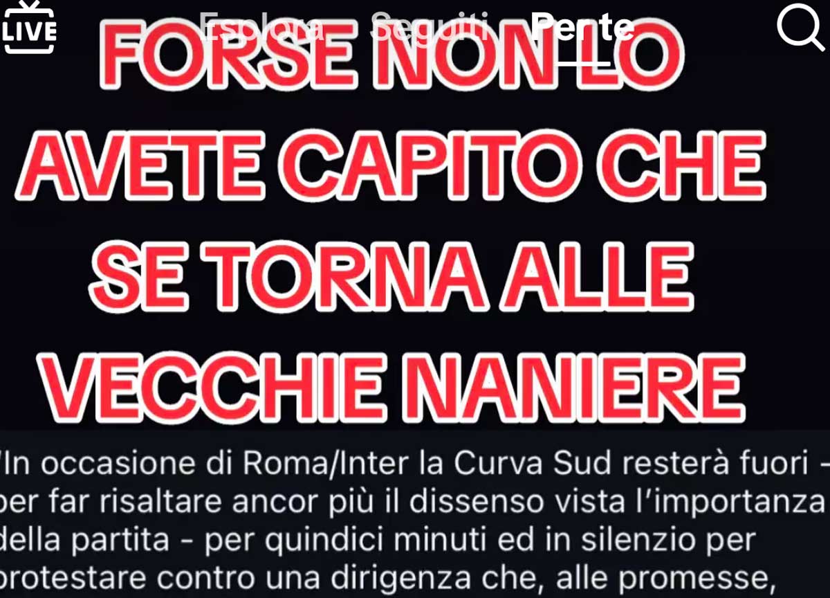 La curva sud non si ferma: Roma-Inter scatta lo sciopero ultras con spalti vuoti per 15 minuti. “Resteremo fuori” La curva sud non si ferma: Roma-Inter scatta lo sciopero ultras con spalti vuoti per 15 minuti. “Resteremo fuori”