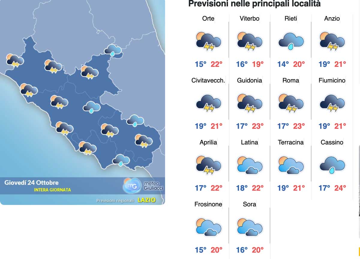 Meteo Roma 24 ottobre: al mattino cielo coperto poi pioggia e forti temporali ma venerdì torna il sole e 24 gradi Meteo Roma 24 ottobre: al mattino cielo coperto poi pioggia e forti temporali ma venerdì torna il sole e 24 gradi