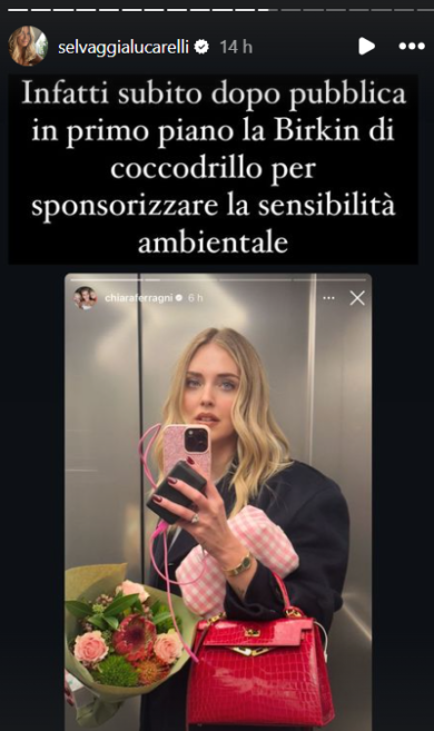 Selvaggia Lucarelli non molla Chiara Ferragni: “Solidale con Valencia? Poi però posta la borsa di lusso in coccodrillo”