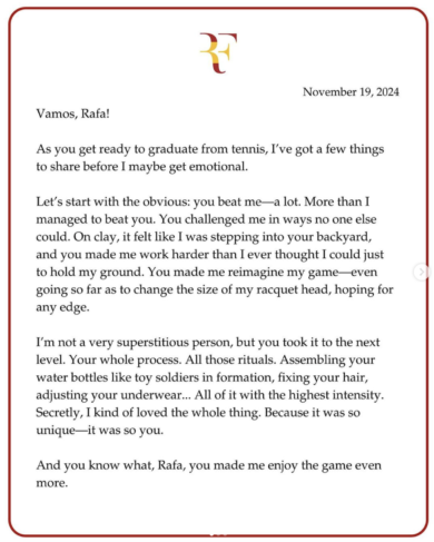Federer scrive una lettera a Nadal per il suo addio al tennis: “Vamos Rafa”