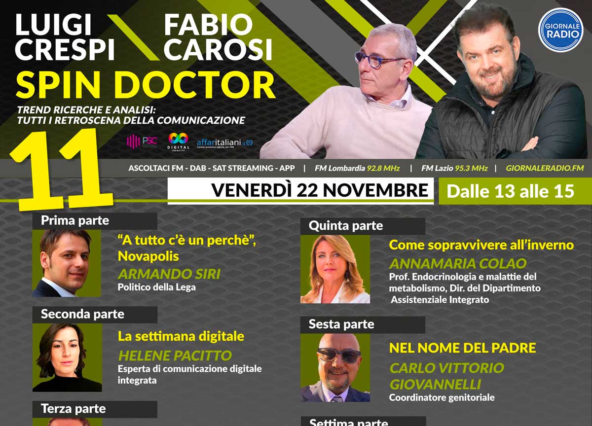 Sanità digitale, politica e trend: Spin Doctor di Luigi Crespi e Fabio Carosi nel doppio appuntamento venerdì 22 e sabato 23 Sanità digitale, politica e trend: Spin Doctor di Luigi Crespi e Fabio Carosi nel doppio appuntamento venerdì 22 e sabato 23