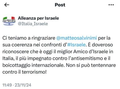 Matteo Salvini è il miglior amico in Italia di Israele. Parola di chi rappresenta lo Stato ebraico in Italia