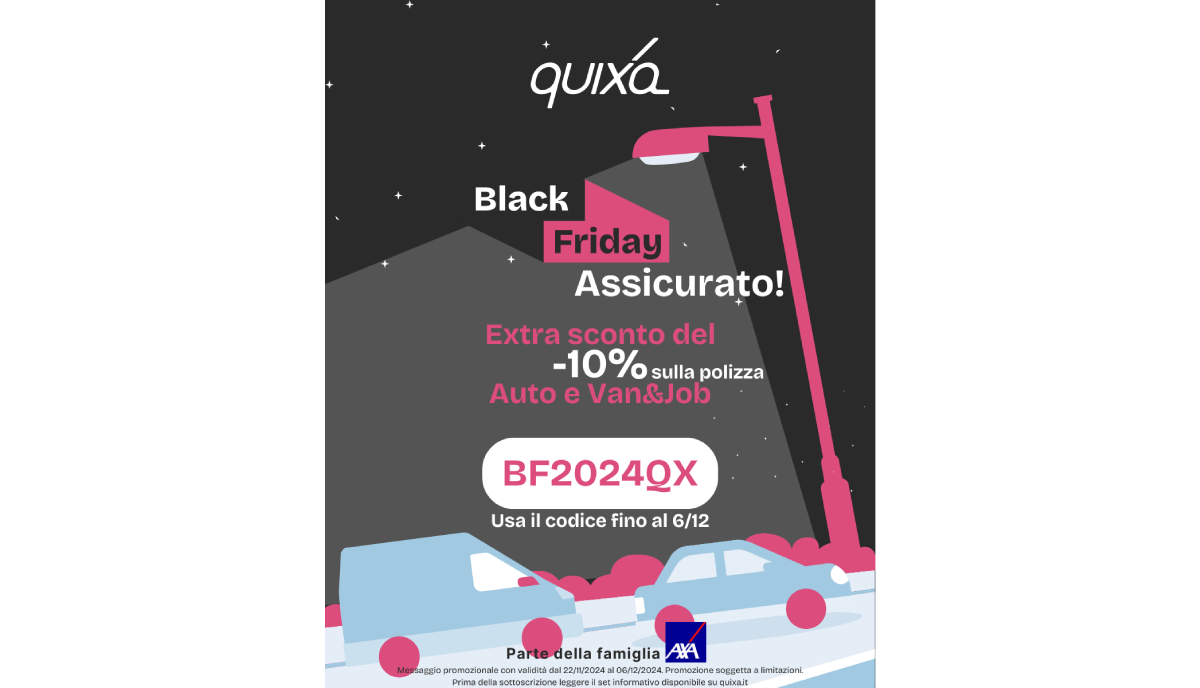 AXA Italia, QUIXA: per il Black Friday sconto del 10% sulla polizza RC Auto o Furgone AXA Italia, QUIXA: per il Black Friday sconto del 10% sulla polizza RC Auto o Furgone