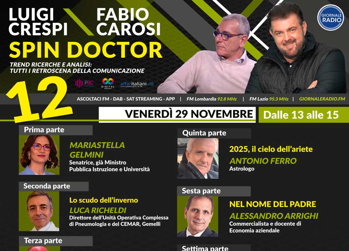 Maria Stella Gelmini, Luca Richeldi, Piazza e Pacitto e i sondaggi Tecnè in anteprima: la due giorni di Spin Doctor con Crespi e Carosi
