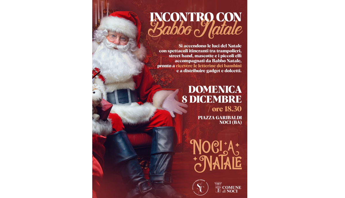Comune di Noci: l’8 dicembre incontro con Babbo Natale e accensione delle luci natalizie Comune di Noci: l’8 dicembre incontro con Babbo Natale e accensione delle luci natalizie