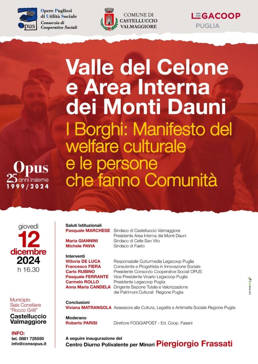 Legacoop Puglia, Consorzio Opus: 25 anni di welfare in Capitanata Legacoop Puglia, Consorzio Opus: 25 anni di welfare in Capitanata