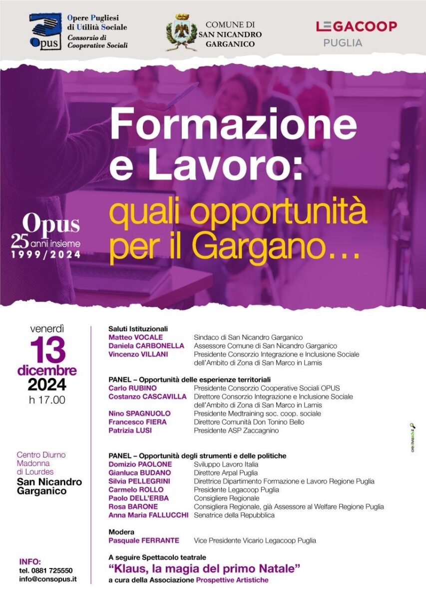 Legacoop Puglia, Consorzio Opus: 25 anni di welfare in Capitanata Legacoop Puglia, Consorzio Opus: 25 anni di welfare in Capitanata