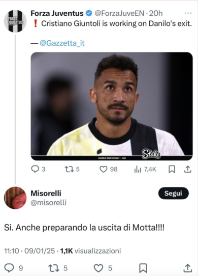 Juventus-Thiago Motta a rischio anche per le voci dei malumori in spogliatoio con la squadra