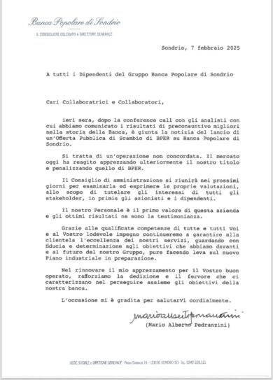 Pop Sondrio, la lettera di Pedranzini ai dipendenti: “Ops di Bper? Operazione non concordata”. Esclusivo