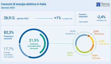 Terna: a gennaio 2025 fabbisogno di energia elettrica in aumento dell’1%, calo nella produzione rinnovabile