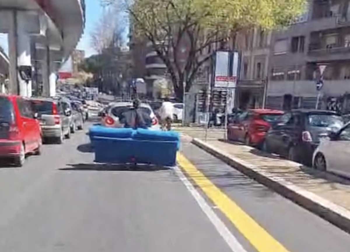Roma, carica un divano letto su un monopattino. La pazza corsa sulla Prenestina. VIDEO Roma, carica un divano letto su un monopattino. La pazza corsa sulla Prenestina. VIDEO