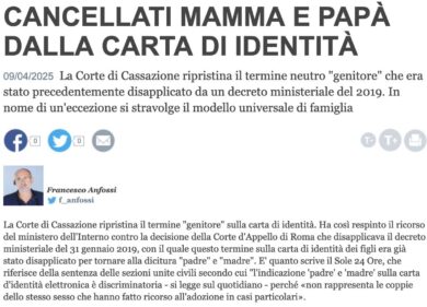 Via mamma e papà dalla carta d’identità, Famiglia Cristiana sfida la Cassazione: “Toghe gender”