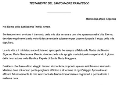 Papa Francesco, ecco il testamento: “Tomba a Santa Maria Maggiore, solo terra e il nome”