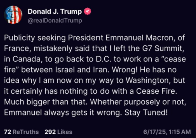G7-Israele vs Iran, scontro senza precedenti tra Trump e Macron. Il tycoon a Emmanuel: “Non sa di che cosa parla, si sbaglia sempre”