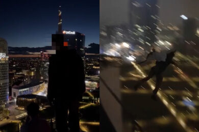 Follia a Milano, si lancia con il paracadute dal tetto del Pirellino: “Città fuori controllo”