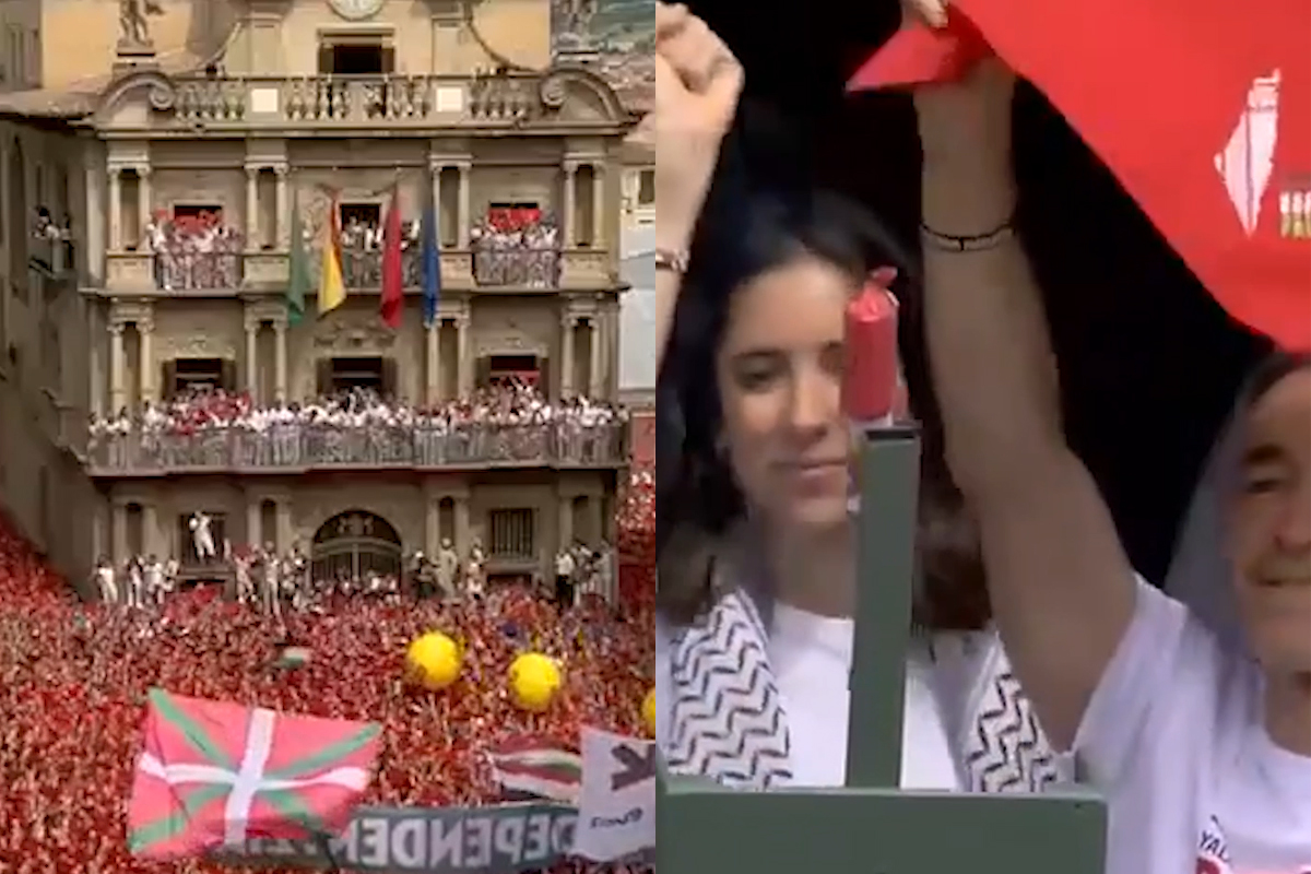 Pamplona, il Chupinazo di San Firmino dedicato alla Palestina: bandiere in piazza Pamplona, il Chupinazo di San Firmino dedicato alla Palestina: bandiere in piazza