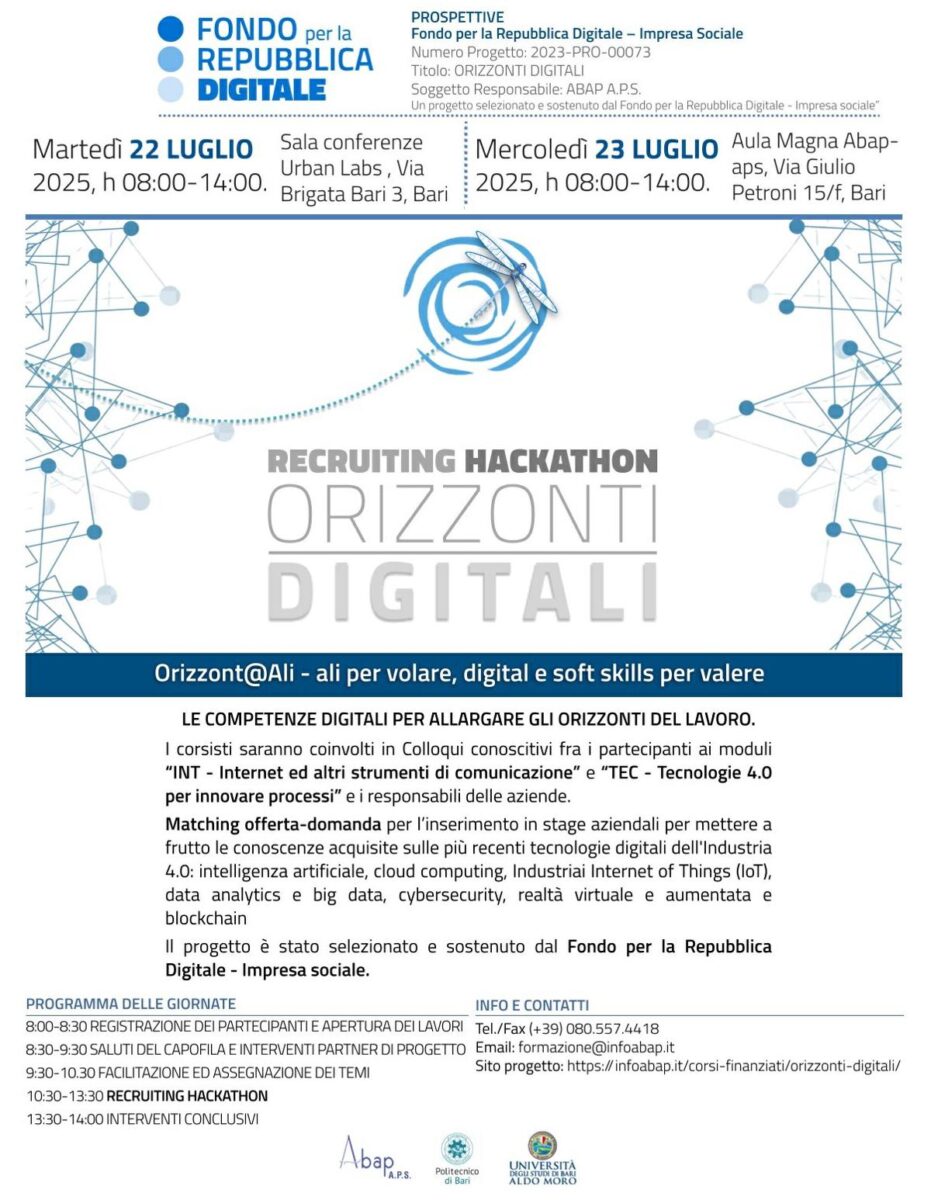 Orizzonti Digitali: ‘Recruiting Hackathon’ il 22 e 23 luglio a Bari