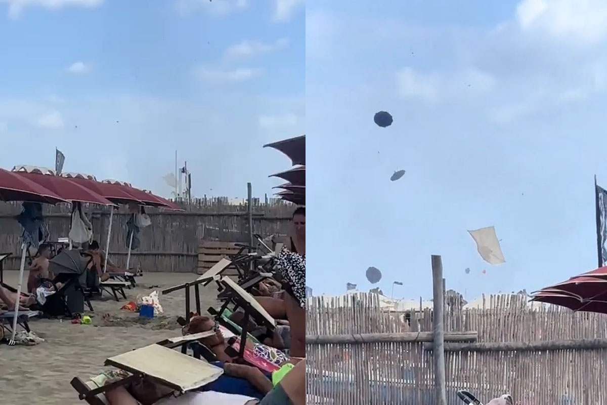 Tromba d’aria in spiaggia vicino a Roma: panico in spiaggia, ombrelloni in volo e bagnanti in fuga Tromba d’aria in spiaggia vicino a Roma: panico in spiaggia, ombrelloni in volo e bagnanti in fuga