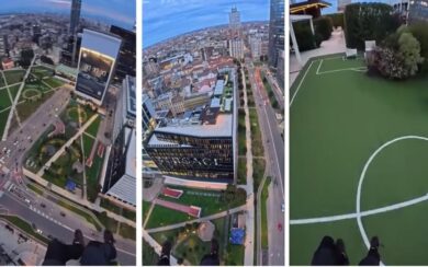 Milano, si paracaduta da un grattacielo e atterra sulla sede dell’Inter: il video della folle impresa