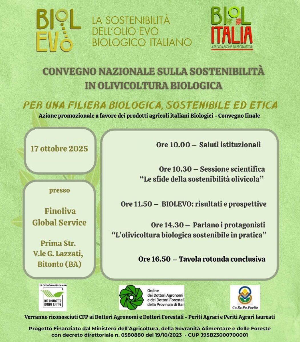 Bitonto, ‘BIOLEVO 2025’ la sostenibilità in olivicoltura biologica