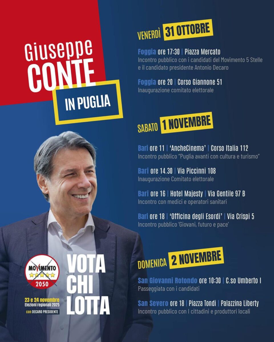 Giuseppe Conte in Puglia per sostenere Decaro e i candidati M5S Giuseppe Conte in Puglia per sostenere Decaro e i candidati M5S