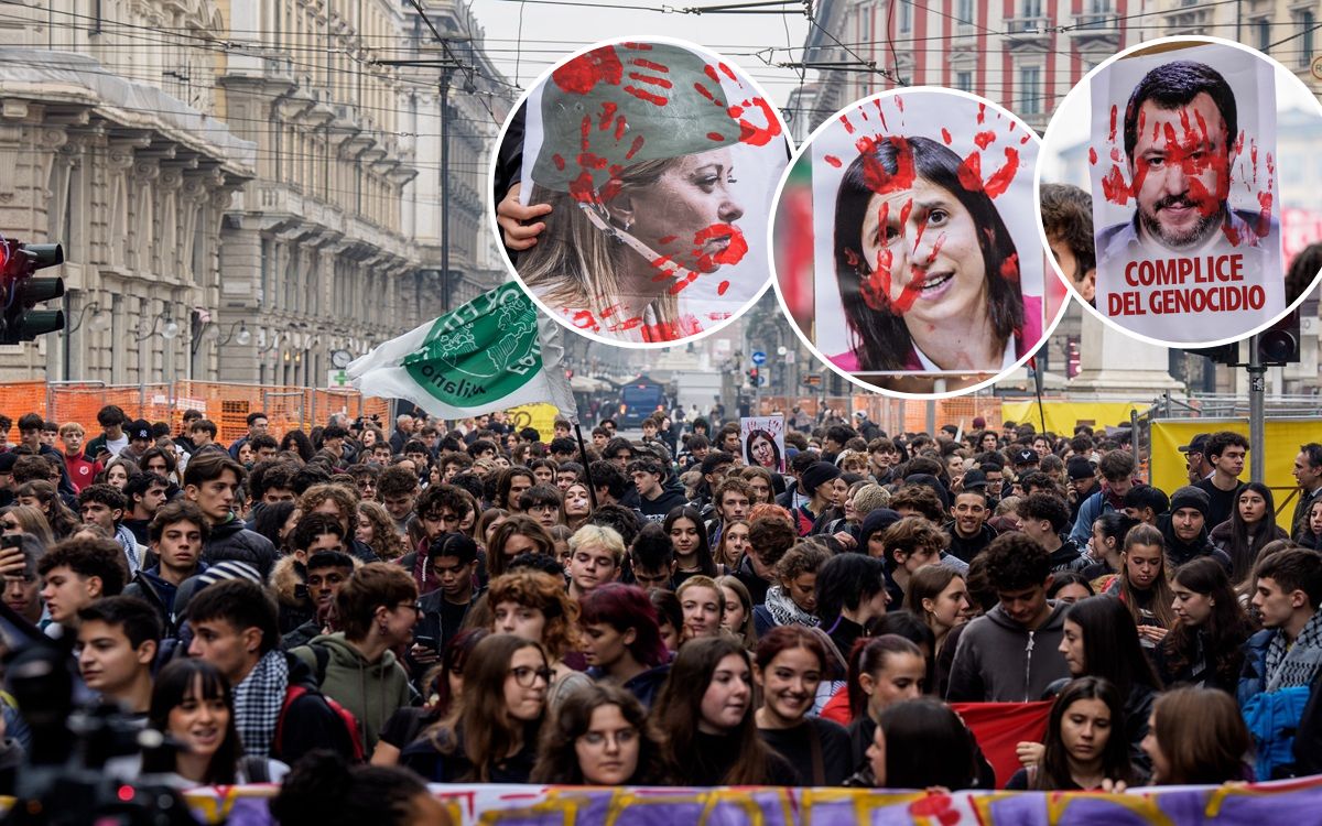 Milano, alla manifestazione degli studenti anche immagini con Meloni, Salvini e Schlein insanguinati