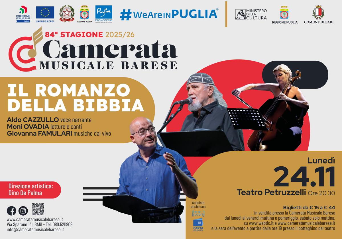 Camerata Barese, Cazzullo, Ovadia e Gazich al Petruzzelli: ‘Il Romanzo della Bibbia’ Camerata Barese, Cazzullo, Ovadia e Gazich al Petruzzelli: ‘Il Romanzo della Bibbia’