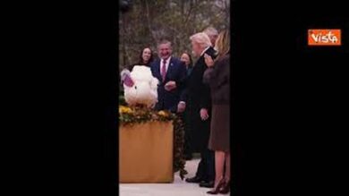 La carezza di Trump al tacchino Waddle durante la cerimonia di grazia alla Casa Bianca