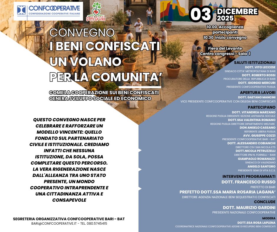 Confcooperative, Bari – Beni confiscati: volano per lo sviluppo economico Confcooperative, Bari – Beni confiscati: volano per lo sviluppo economico