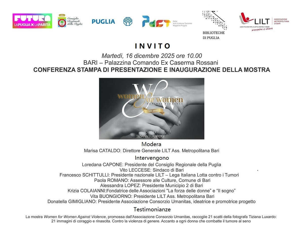 ‘Women for Women against violence – La Mostra’ a Bari dal 16 al 21 dicembre ‘Women for Women against violence – La Mostra’ a Bari dal 16 al 21 dicembre