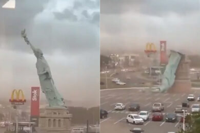 Tornado spezza la “Statua della Libertà”: immagini da film apocalittico