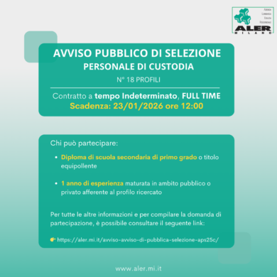 Aler Milano ricerca 18 profili da inserire nel personale di custodia