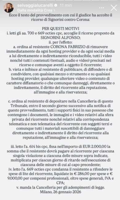 Signorini blocca Falsissimo: accolto il ricorso contro Corona. Il provvedimento dei giudici