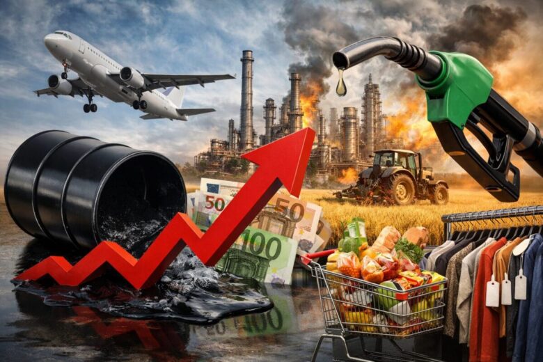 Barile di petrolio, aereo, pompa di benzina, carrello della spesa e vestiti rappresentano l’impatto del caro greggio su trasporti, consumi e imprese in Italia