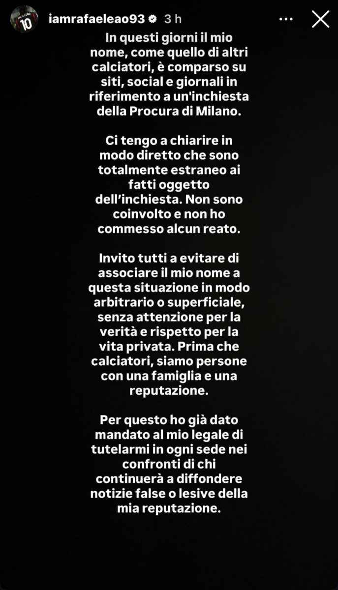 Escort e calciatori, lo sfogo di Rafa Leao sui social: “Evitate di associare il mio nome a questa situazione. Prima che calciatori siamo persone”
