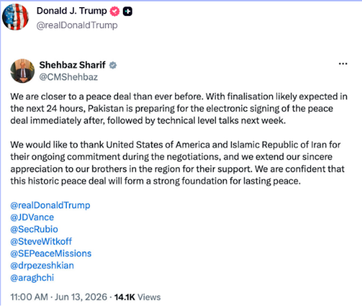 Usa-Iran, Trump rilancia post di Sharif su accordo finalizzato entro 24 ore Usa-Iran, Trump rilancia post di Sharif su accordo finalizzato entro 24 ore