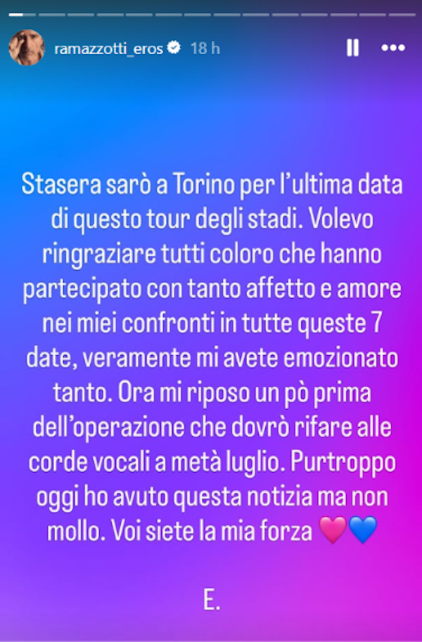 Eros Ramazzotti annuncia lo stop dopo il concerto di Torino: “Devo operarmi”, come sta il cantante